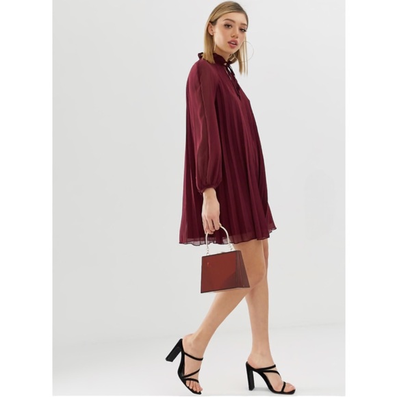 ASOS Red Chiffon Pleated Trapeze Dress w. Ruffle Neckline & Tie - Size 10 - Picture 9 of 16